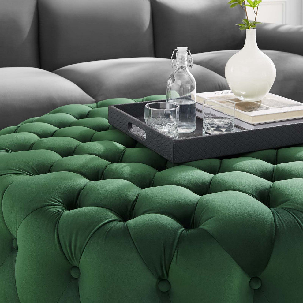 Round Ottoman Accent Tufted Chair, Green, Velvet, Modern, Lounge Hospitality