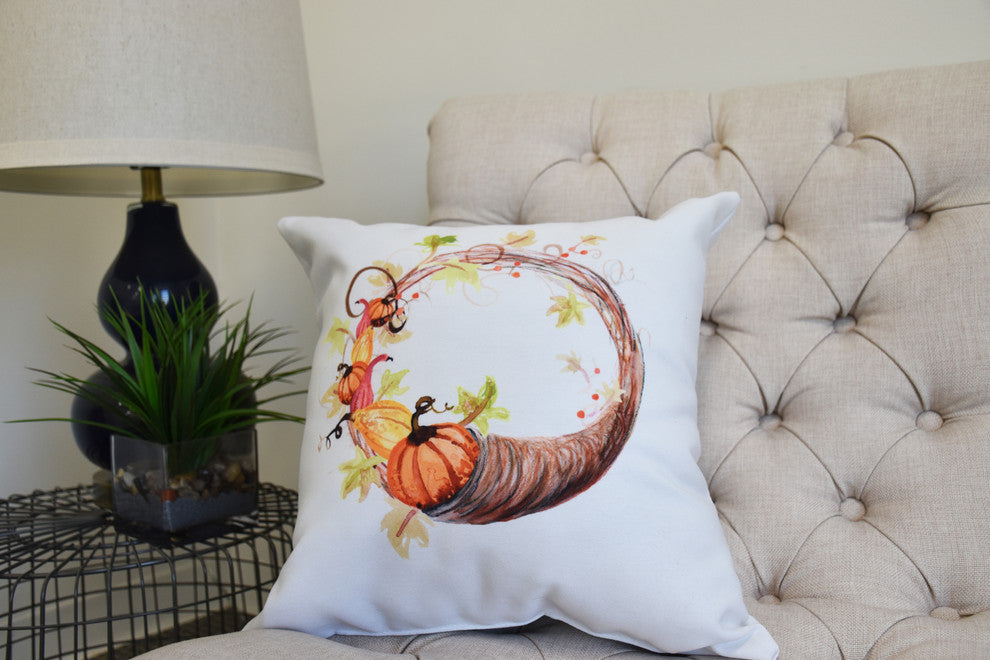 20" Cornicopia Wreath Cream Fall Print Decorative Throw Pillow