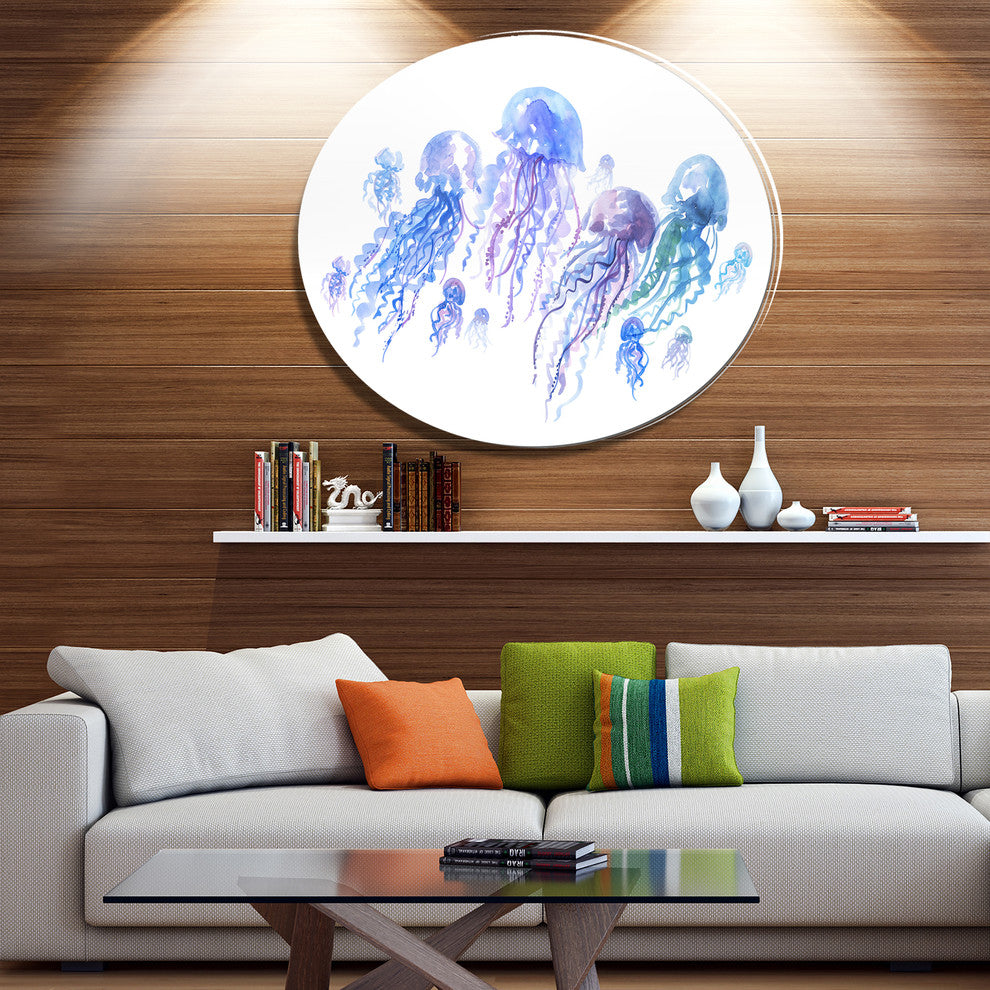Blue Purple Jellyfish Group, Animal Large Disc Metal Wall Art, 23"