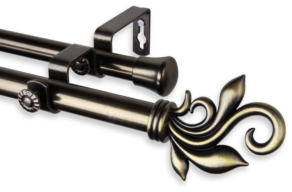 Giles 13/16" Double Corner Window Curtain Rod, Antique Brass, 48-84"