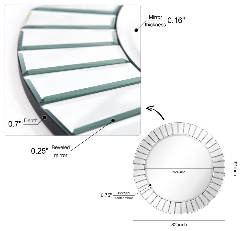 Beveled Round Wall Mirror,Solid Wood Frame, 0.75"-Beveled Center Mirror,32"x32"
