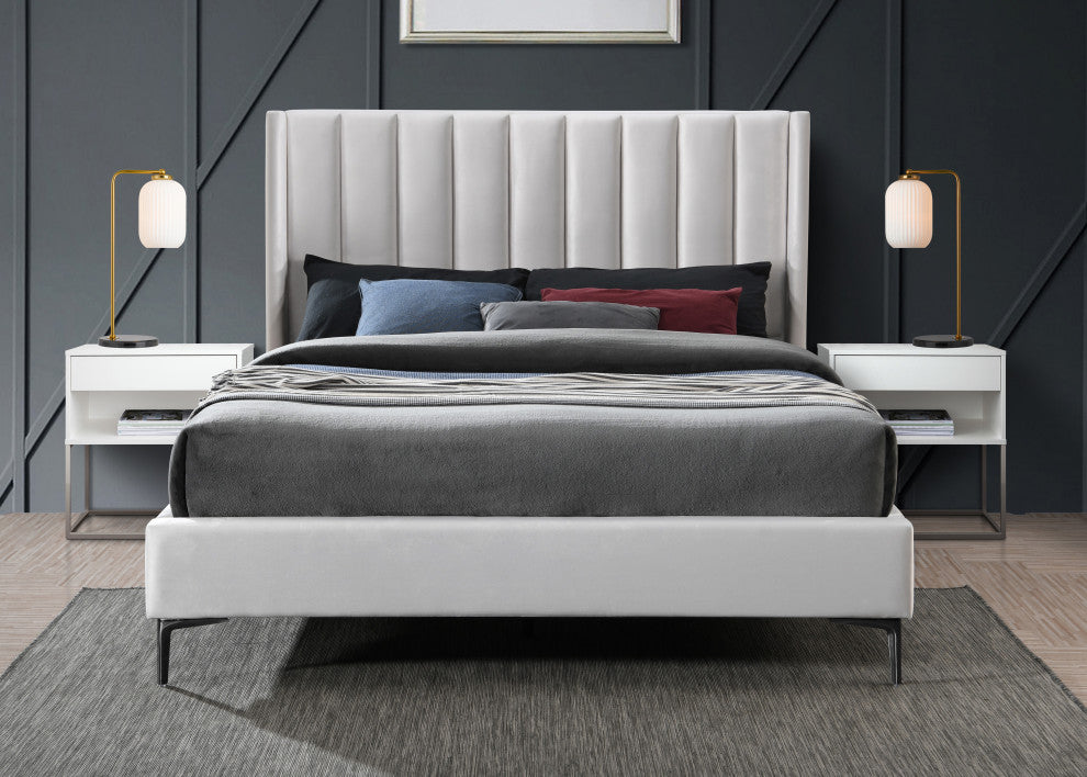 Nadia Velvet Upholstered Bed, Cream, Queen