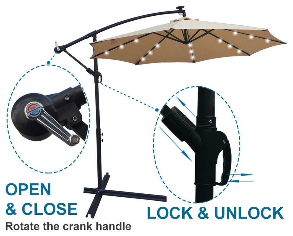 10' Steel Patio Umbrella Outdoor Market With Crank and LED Lights, Tan