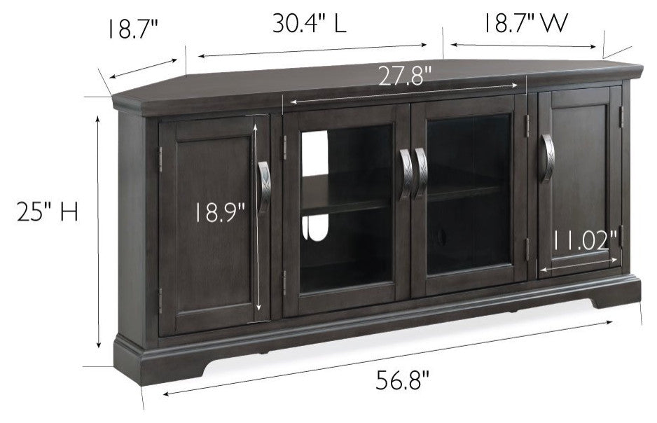 Riverstone Oak Corner TV Console with Glass Doors and Pewter Pulls