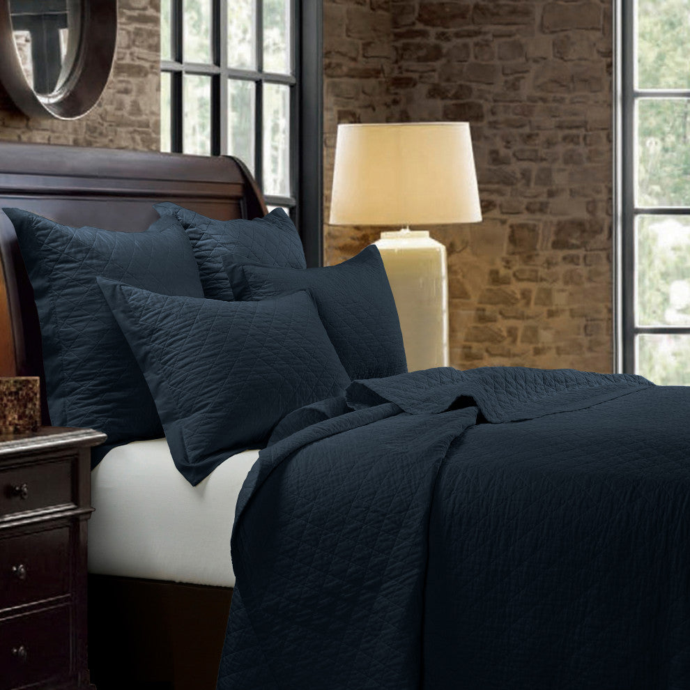 Linen Cotton Diamond Quilt Set, King, Navy, 3 Piece
