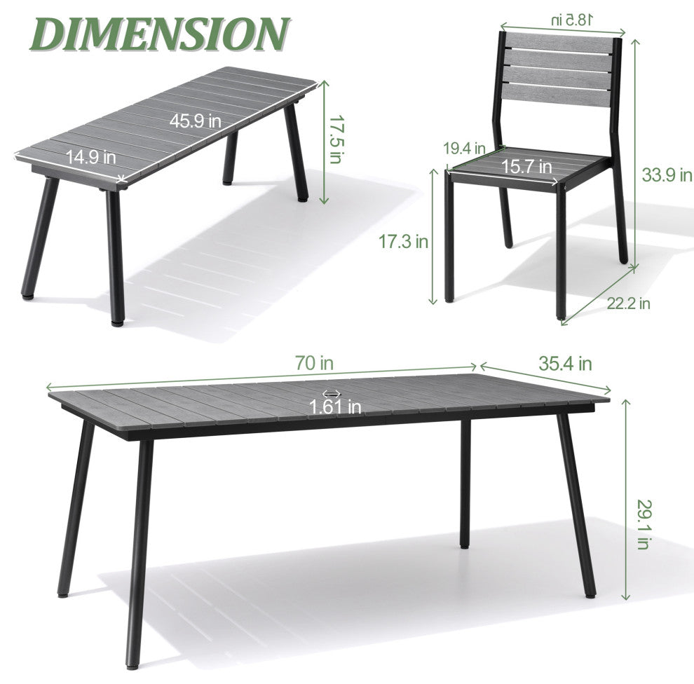 5-Piece Gray Outdoor Patio Set Dining Chairs Table With Umbrella Hole, Gray