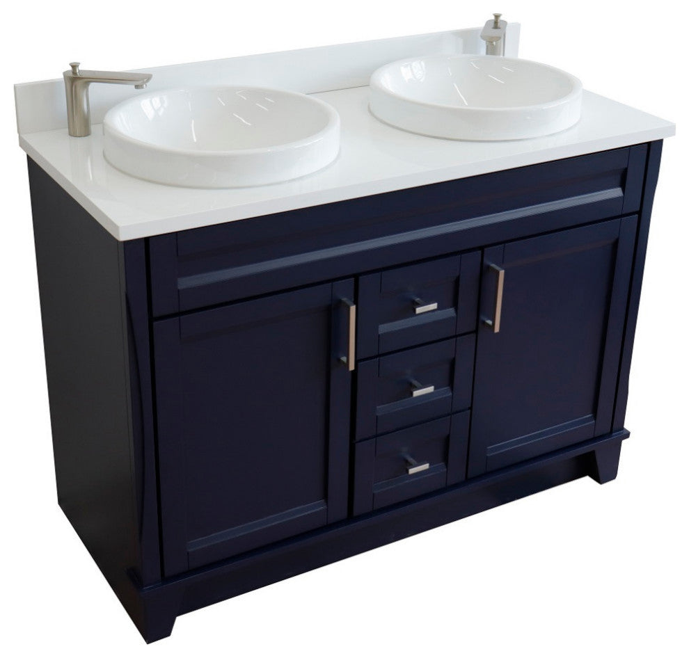 48" Double Sink Vanity, Blue Finish With Engineered Stone Top And Round Sink