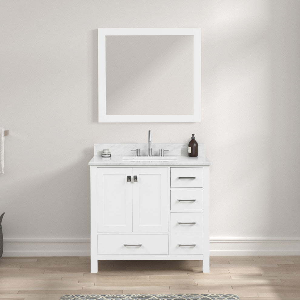 Freestanding Bathroom Vanity With Marble Countertop and Undermount Sink, White, 36" With Sink and Mirror