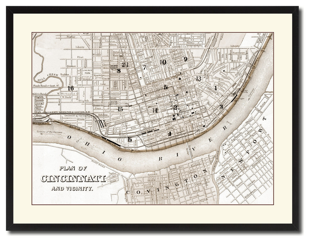 Cincinnati Vintage Sepia Map Canvas Print, 28"x37"