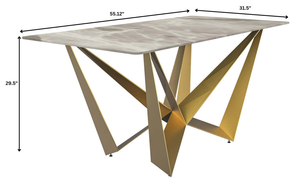 LeisureMod Nuvor Dining Table With Rectangular Top and Gold Steel Base, Deep Gray, 55 Inch