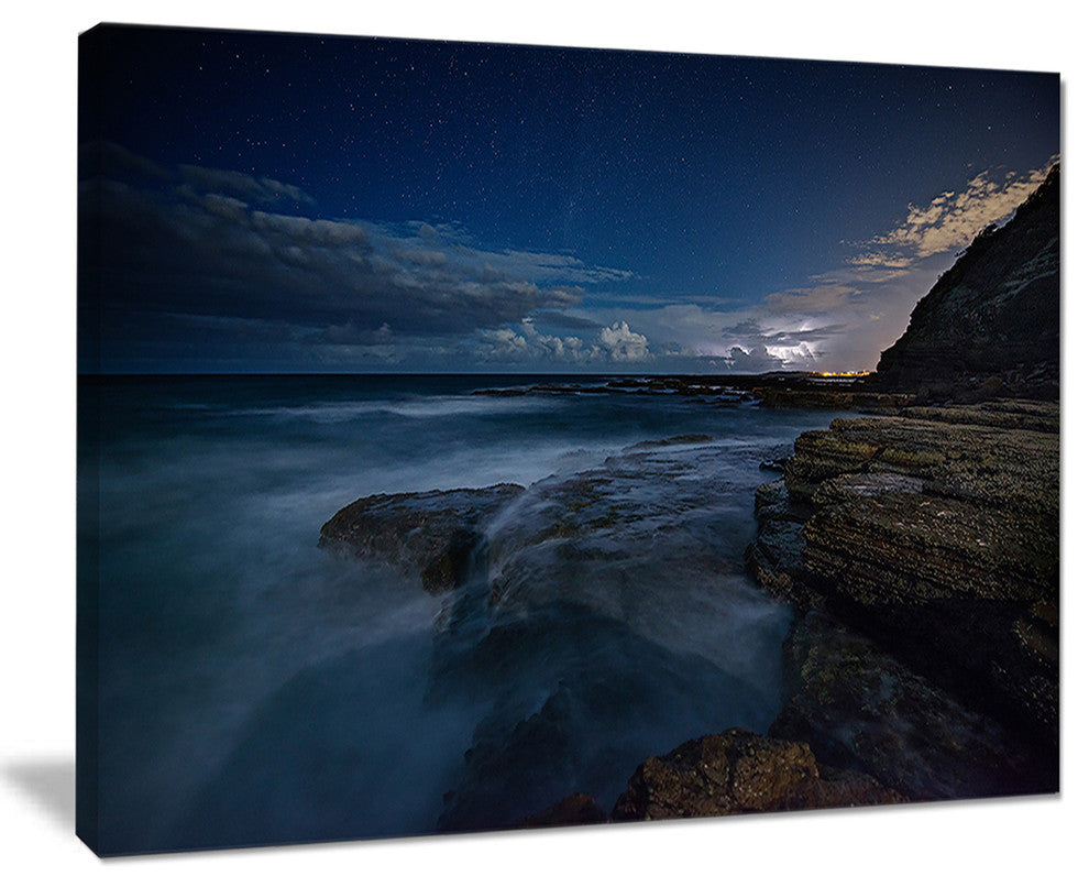 "Rocky Blue Ocean At Nighttime" Seashore Canvas Print, 40"x30"
