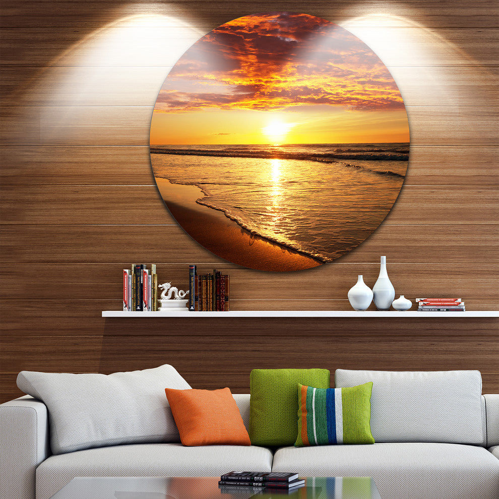 Vibrant Yellow Sun And Calm Waves, Seashore Disc Metal Wall Art, 23"
