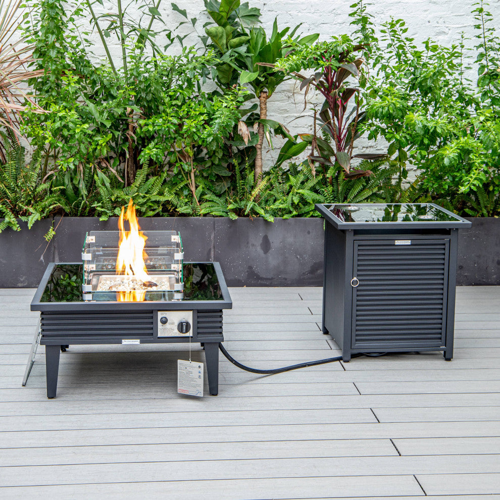 LeisureMod Walbrooke Square Fire Pit Table and Tank Holder With Slats, Black