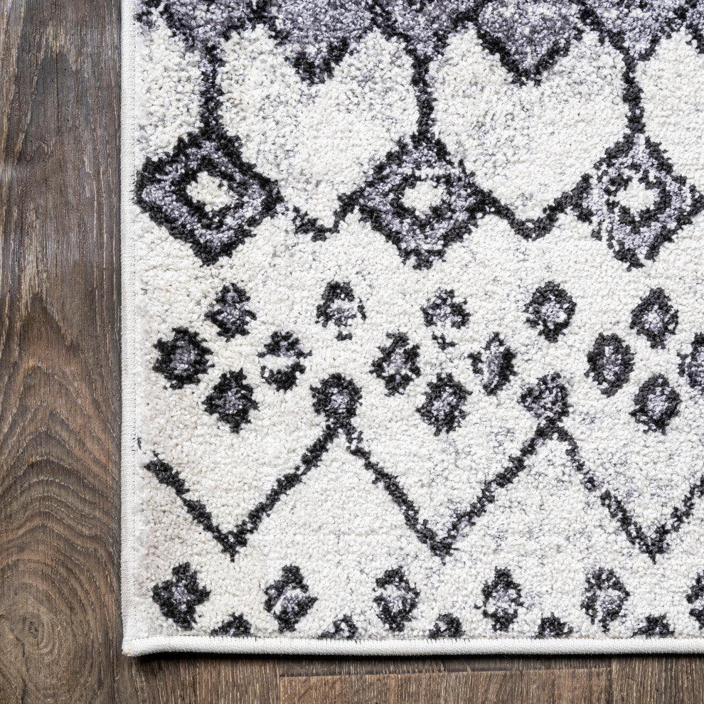 Azmar Moroccan Geometric Distressed Ivory/Black 2 ft. x 10 ft. Runner Rug