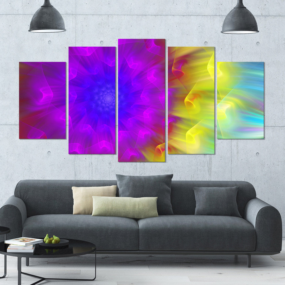 Purple Fractal Petals Dandelion, Floral Canvas Art Print, 60"x32", 5 Panels