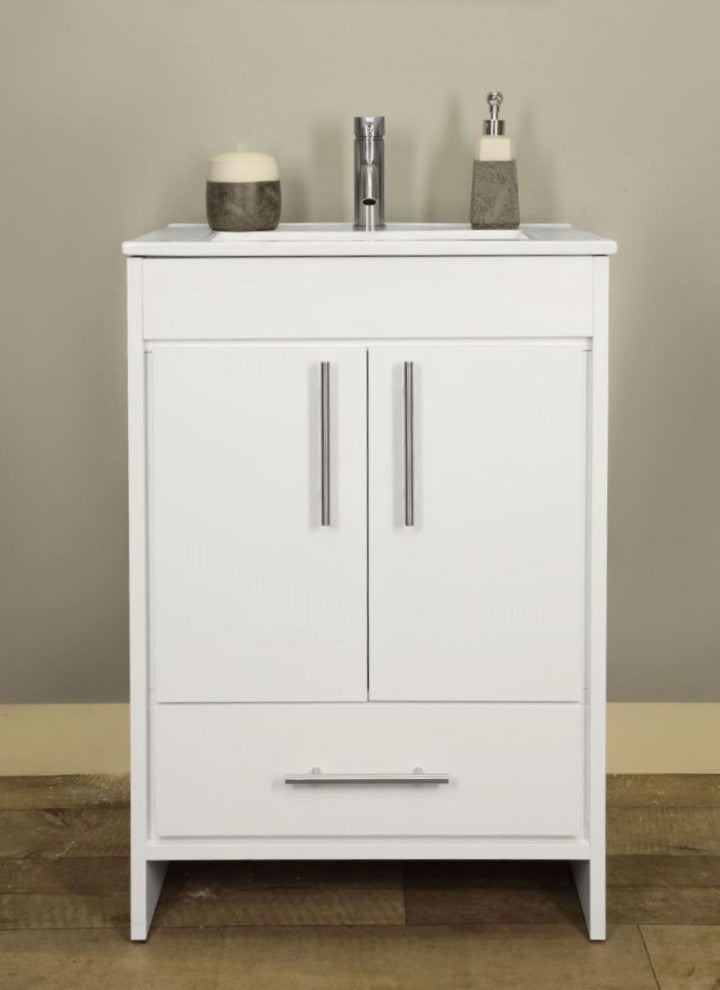 Pacific 24 Bathroom Vanity With Ceramic Top and Brushed Nickel Handles, White