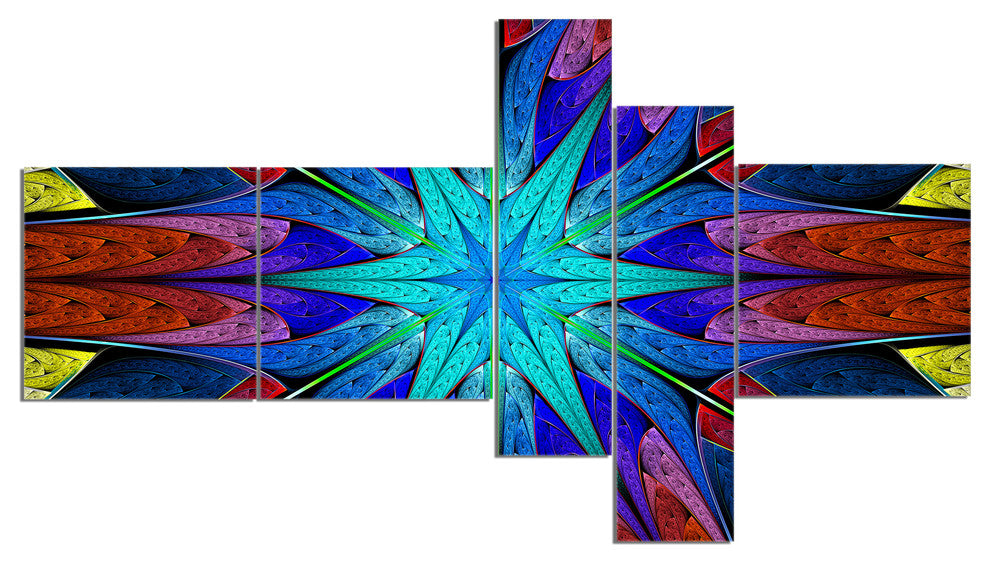 Stained Glass with Multi Color Stars, Abstract Wall Canvas, 60"x32", 5 panels