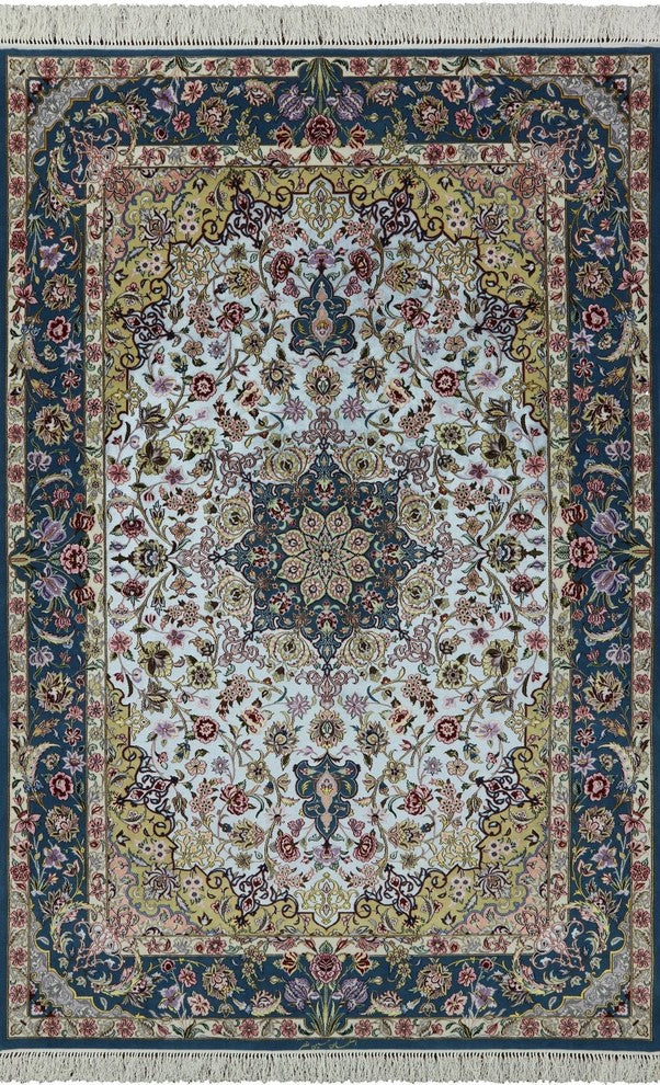 Super Fine Silk Signed Authentic Persian Isfahan Area Rug, 5'x8'