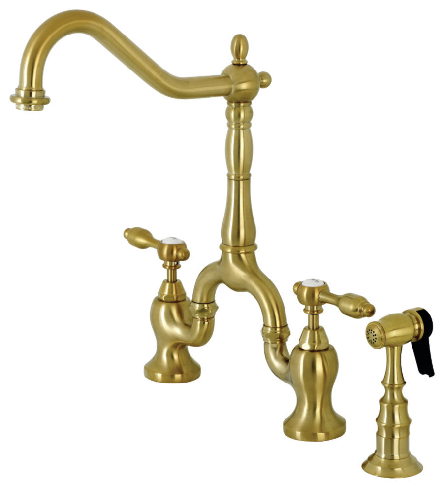 KS7757TALBS Tudor Bridge Kitchen Faucet With Brass Sprayer, Brushed Brass