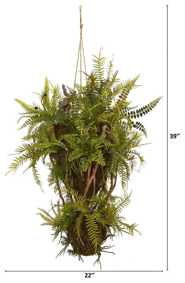 39" Mixed Forest Foliage and Fern Artificial Hanging Plant