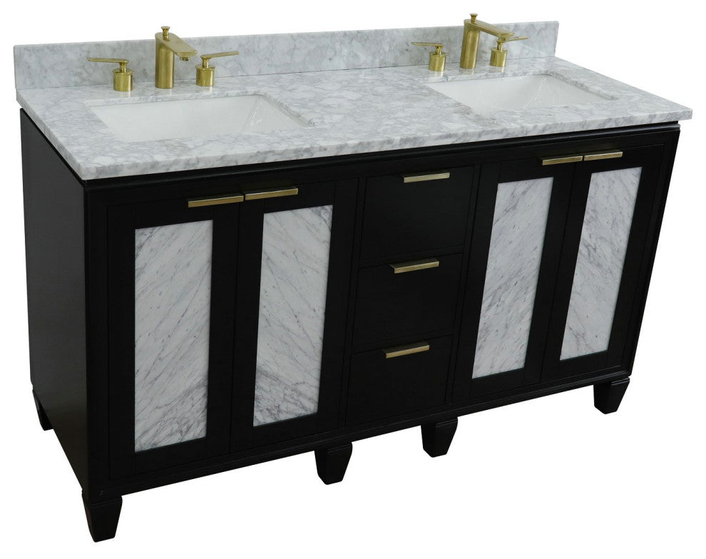 61" Double Sink Vanity, Black Finish With White Carrara Marble