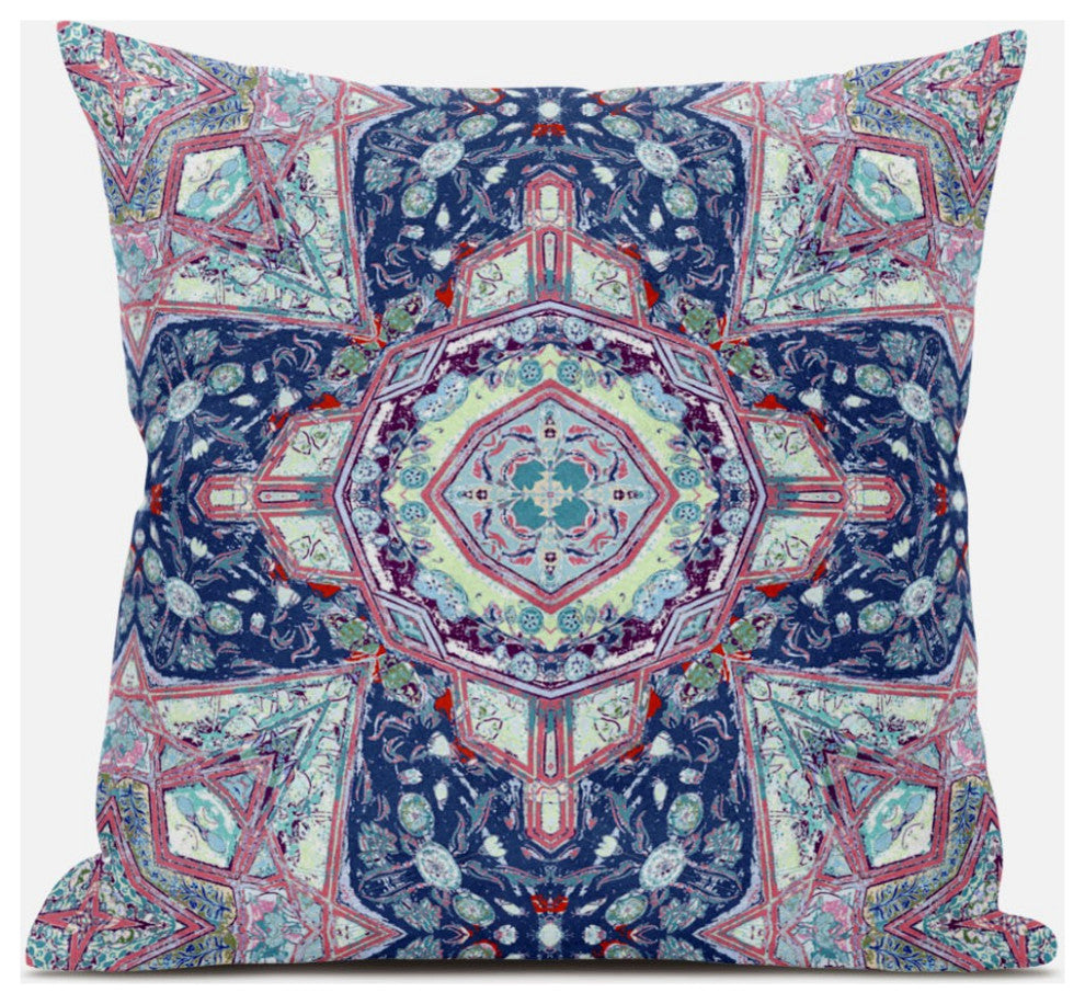20" Light Blue Pink Floral Geometric Suede Throw Pillow