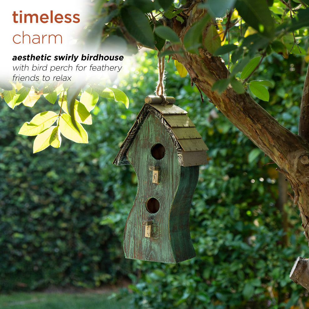 Alpine Green Swirly Wooden Birdhouse, 16"