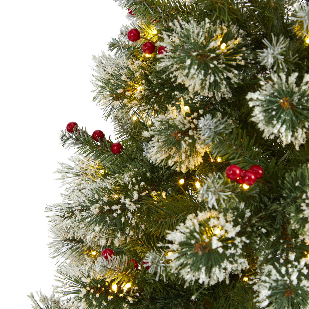 7' Frosted Swiss Pine Faux Christmas Tree With 400 Clear LED Lights and Berries
