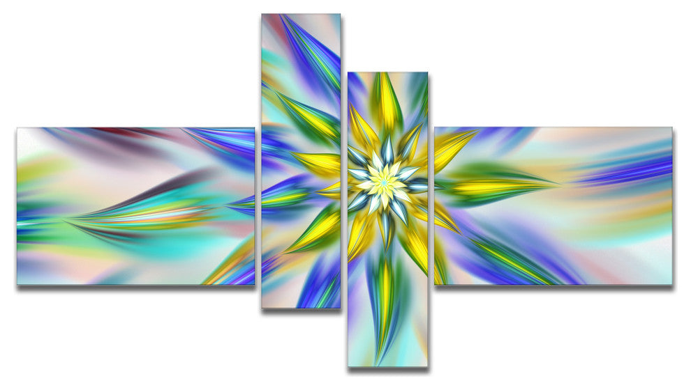 Dancing Blue Fractal Flower, Floral Canvas Art Print, 60"x32", 4 panels