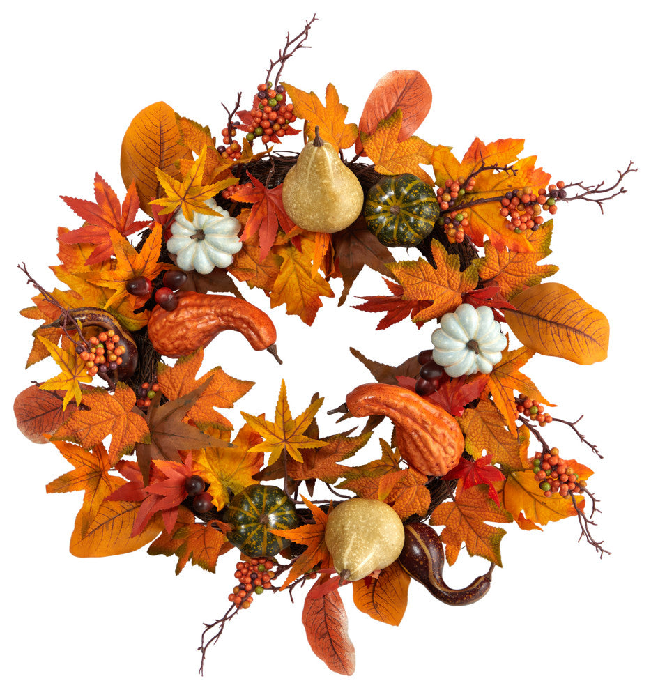24" Autumn Pumpkin, Gourd and Berries, Assorted Colors Artificial Fall Wreath