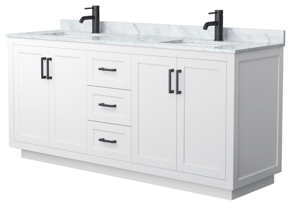 72" Double Bathroom Vanity White, White Carrara Countertop, Sinks, Black Trim