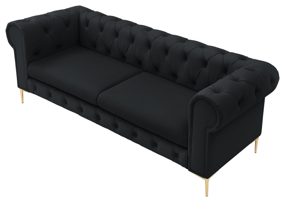 Nicole Miller Geraldine Sofa Button Tufted, 3 Seat, Black Leather PU