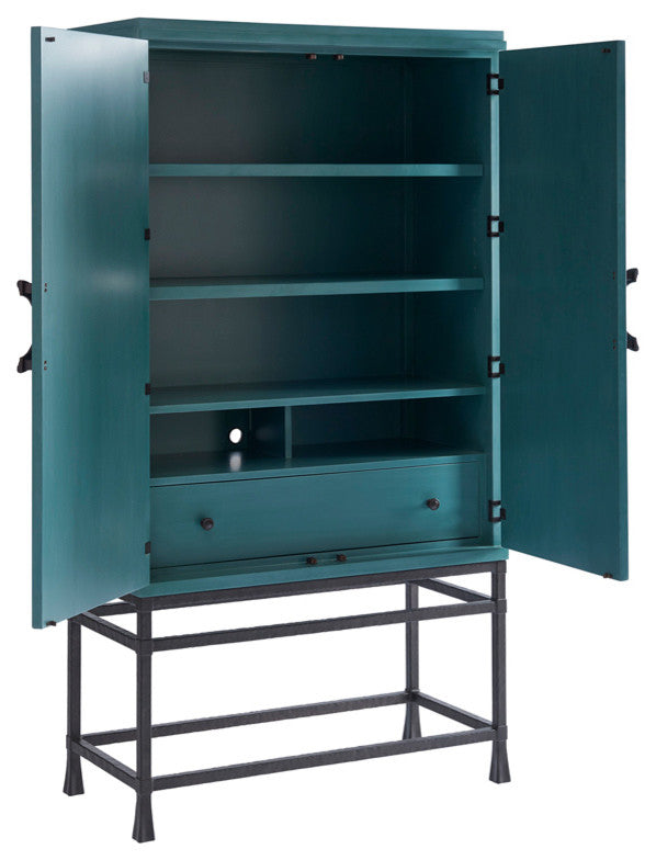 Full product view on white background with doors opened to reveal interior shelves.