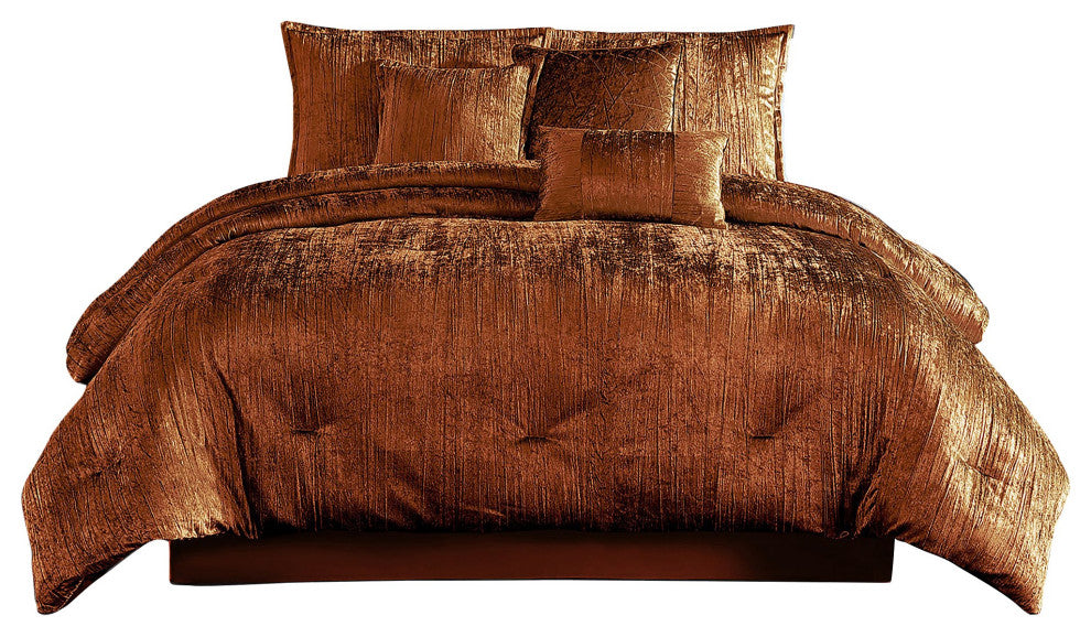 Benzara BM283900 Jay 7 Piece King Comforter Set, Copper Polyester Velvet Texture