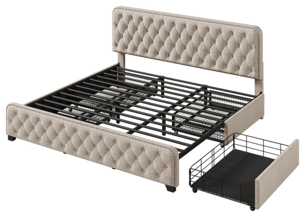 Metal Platform Bed with Headboard, Upholstered and 4-Drawer, Beige, 84.6" X 79.5"