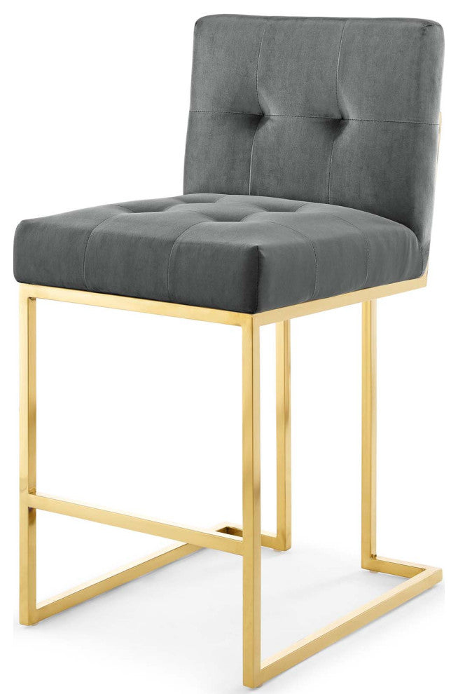 Counter Stool Chair, Velvet, Metal, Gold Gray, Modern, Bar Pub Cafe Bistro