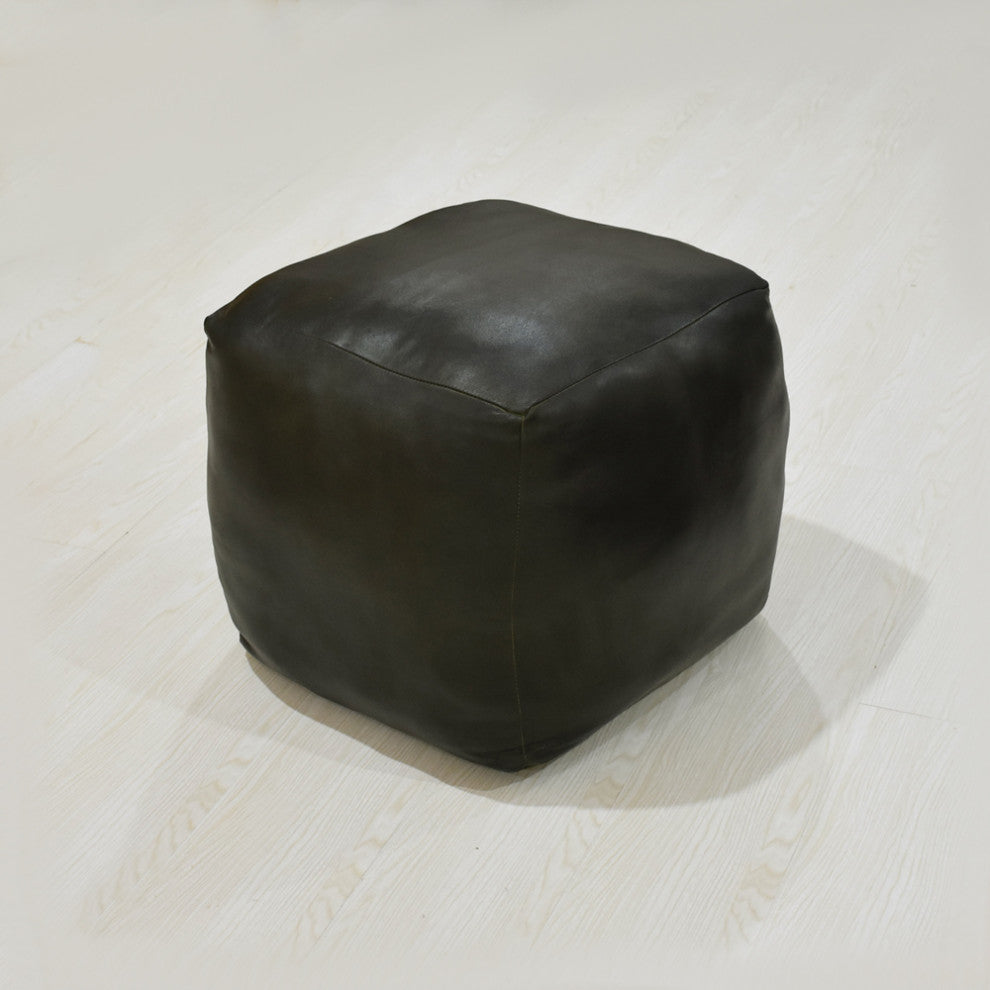 Poufs-Solid Goat Leather Pouf, Handmade (Recycled Cotton Fill), {Square} 14x14x14