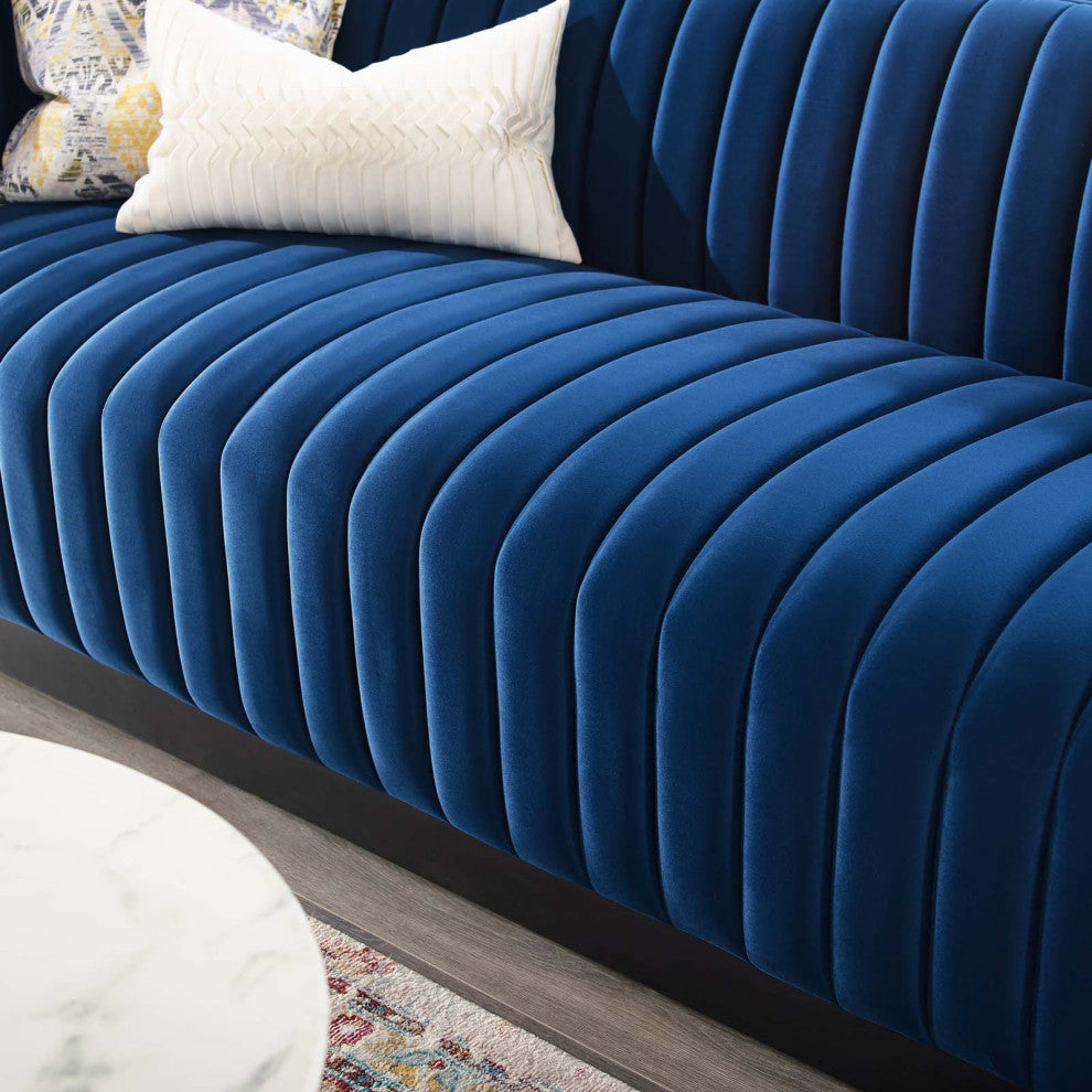 Tufted Sofa, Velvet, Blue Navy, Modern, Living Lounge Hotel Lobby Hospitality