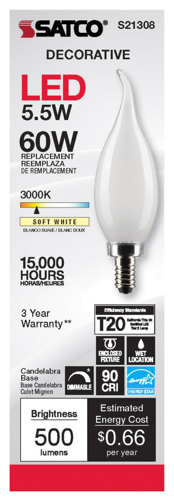 5.5W CA10 LED, Frost, Candelabra Base, 90 CRI, 3000K, 120V