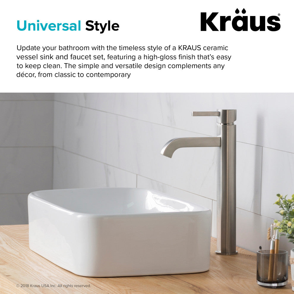 Elavo Rectangle Ceramic Vessel Sink, Bathroom Ramus Faucet, Drain, Nickel