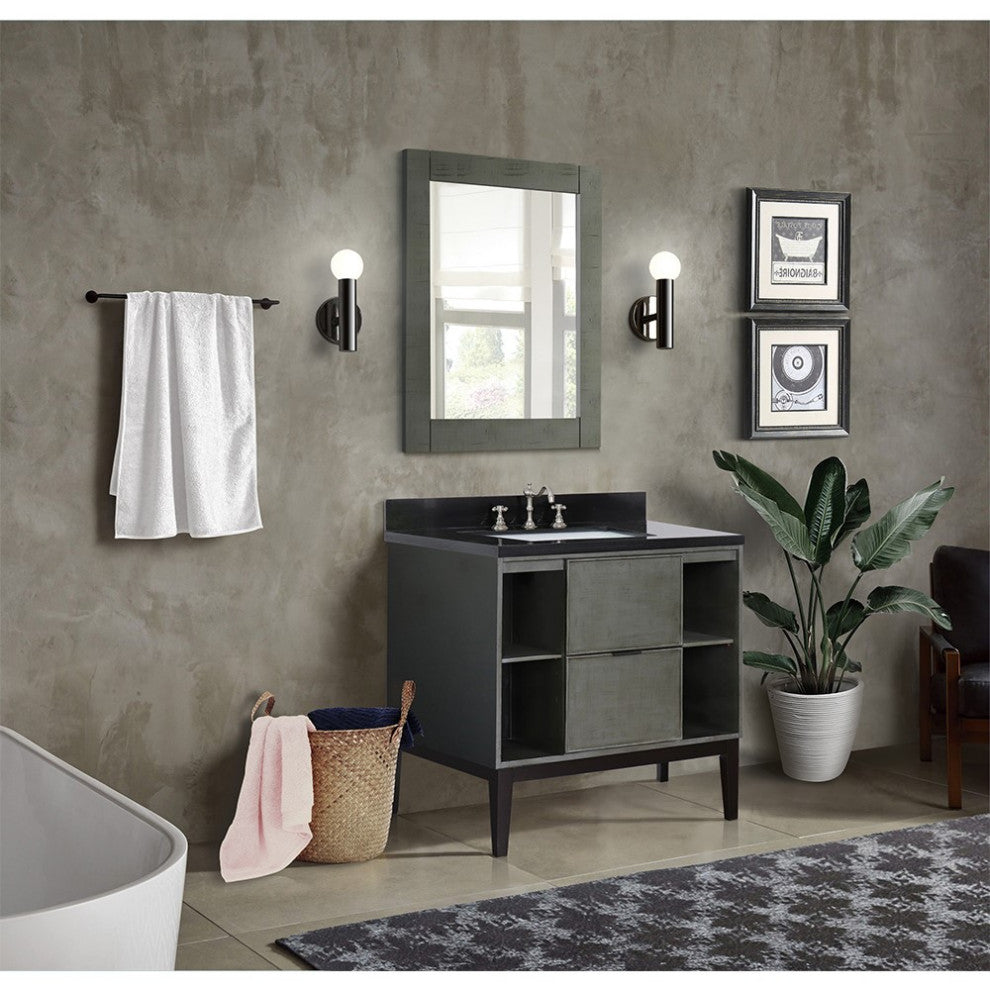 37" Single Vanity, Linen Gray Finish With Black Galaxy Top And Rectangle Sink