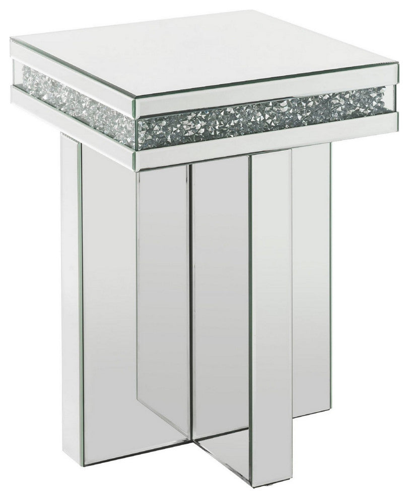 Benzara BM250368 End Table, Encrusted Faux Acrylic Inlay and Cross Base, Silver