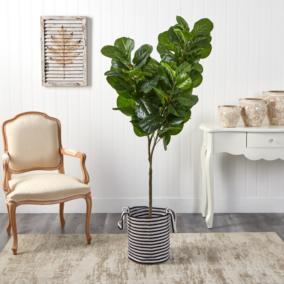6' Fiddle Leaf Fig Tree in Handmade Black & White Natural Jute Cotton Planter