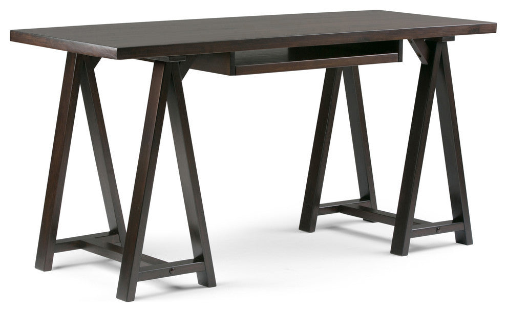 Sawhorse Solid Wood 60" Modern Writing Office Desk, Dark Chestnut Brown
