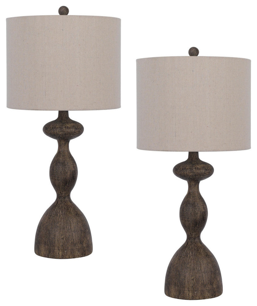 Benzara BM282180 2 Table Lamps, Resin Accent, Rustic Wood Brown, Beige