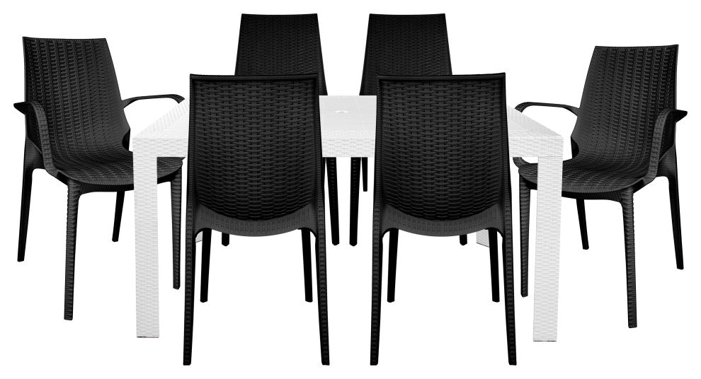 LeisureMod Kent 7-Piece Dining Set with 4 Side Chairs 2 Arm Chairs, White/Black