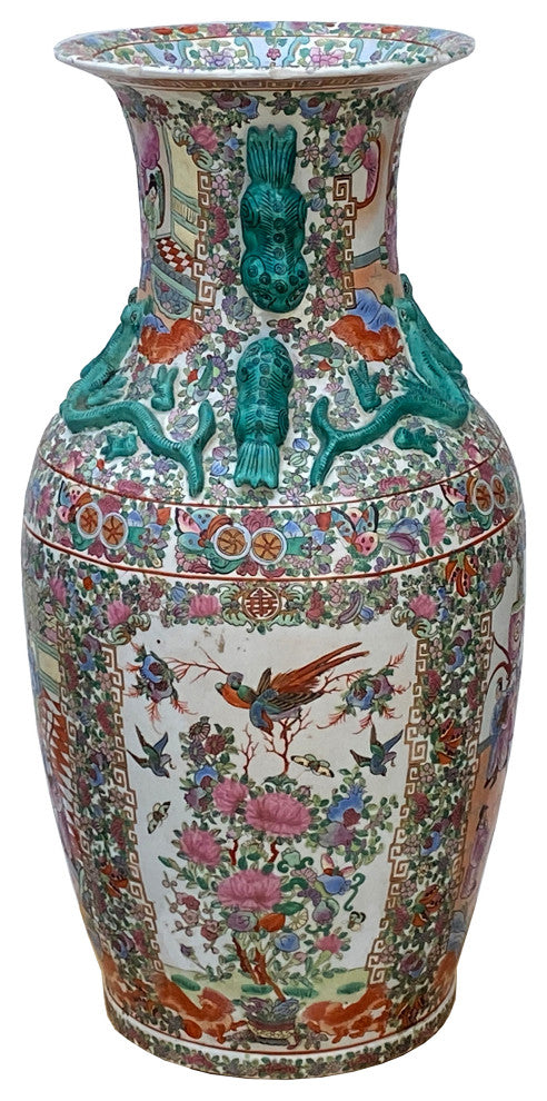 Chinese Hand Made Pink Turquoise House People Scenery Graphic Vase Hws2168