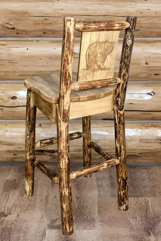 Glacier Country Counter Height Bar Stool With Back, With Laser Engraved Bear