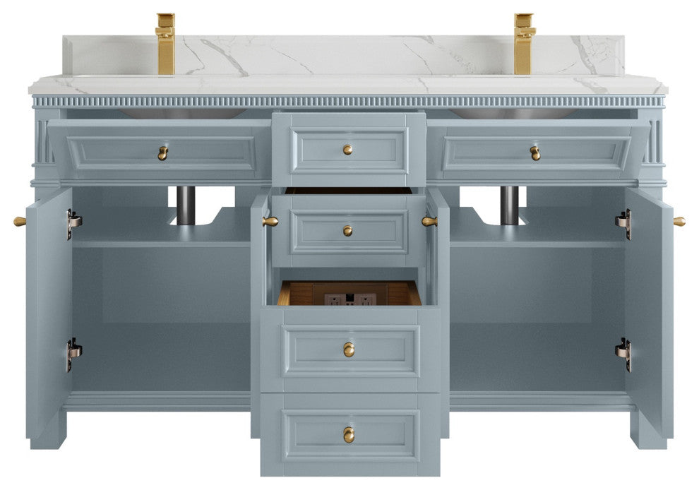 Paris 60" Double Sink Bathroom Vanity, Blue Heather 1.5" Calacatta Laza