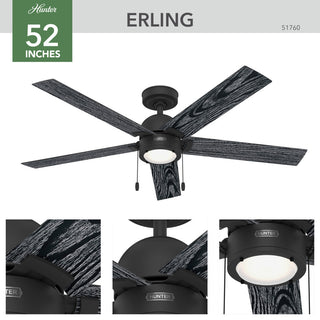 Erling Ceiling Fan, LED Light Kit and Pull Chain, Matte Black, 52"